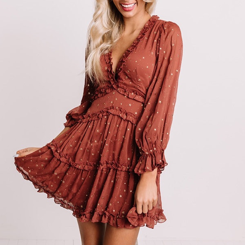 Cosmic Star Ruffle Open Back Mini Dress